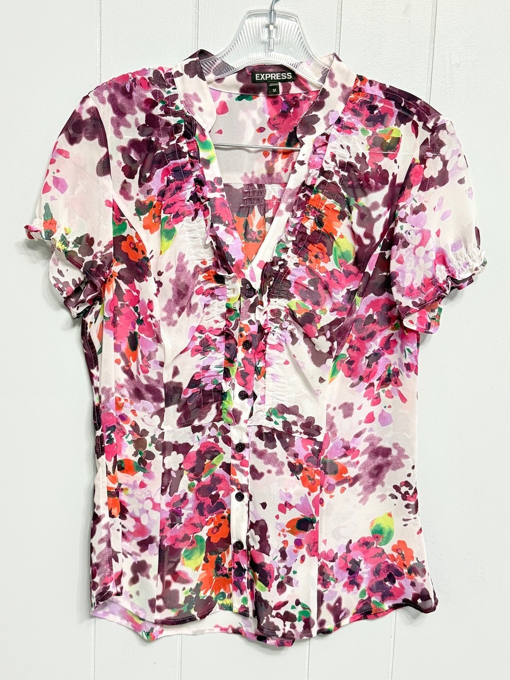 #19)  Express Floral Ruffle Button-Front Blouse - Pink, Magenta, Green